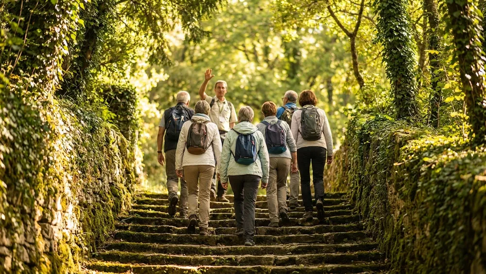 Stäffelestour in Stuttgart – Gruppe steigt mit Guide eine historische Freilufttreppe mit Grün hinauf