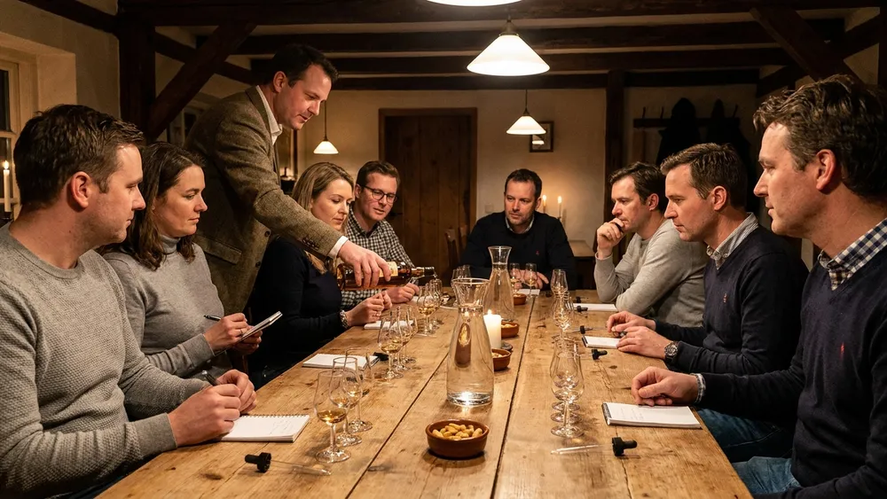 Whisky-Tasting in Stuttgart – Gruppe verkostet Single Malts unter Anleitung am Tisch