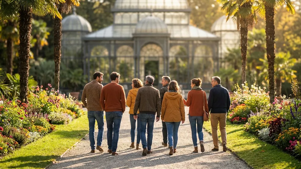 Wilhelma Stuttgart – Gruppe spaziert durch den botanischen Garten mit historischen Gewächshäusern