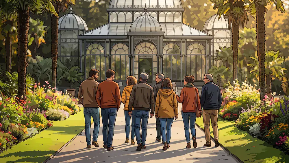Wilhelma Stuttgart – Gruppe spaziert durch den botanischen Garten mit historischen Gewächshäusern
