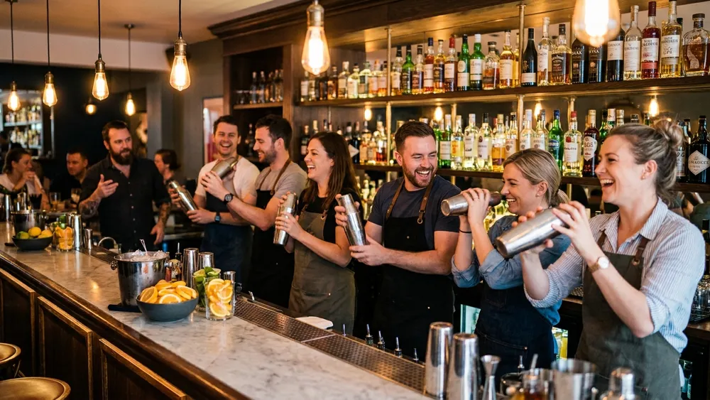 Cocktailkurs in Stuttgart - Erwachsene mixen Cocktails an einer Bar unter Anleitung im SI-Centrum