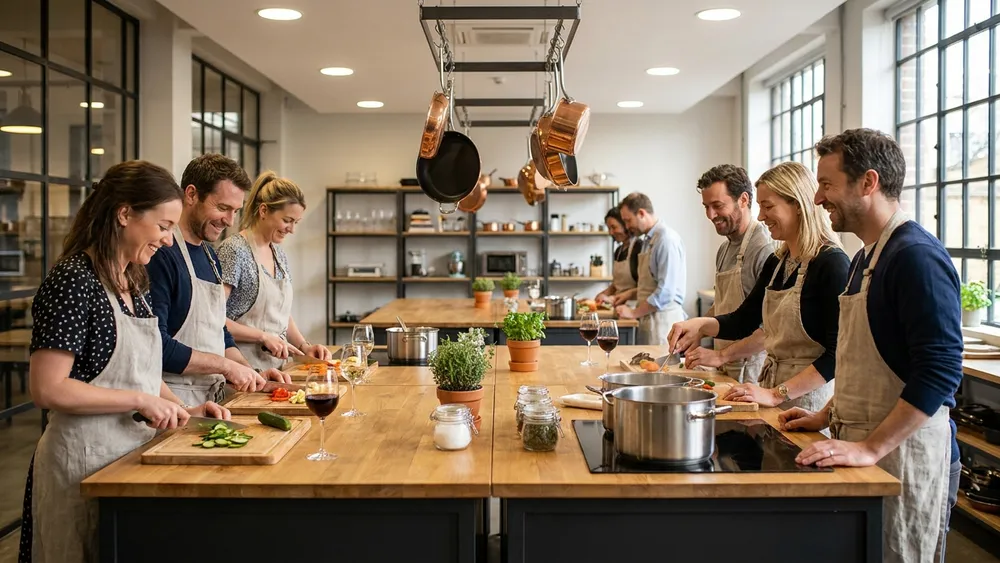 Kochkurs in Stuttgart - Erwachsene kochen gemeinsam mit einem Glas Wein in einer hellen Kochschule
