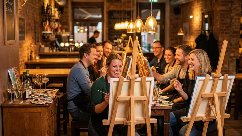 Painting Party in Stuttgart - Erwachsene malen an Staffeleien mit Wein in gemütlicher Bar-Atmosphäre