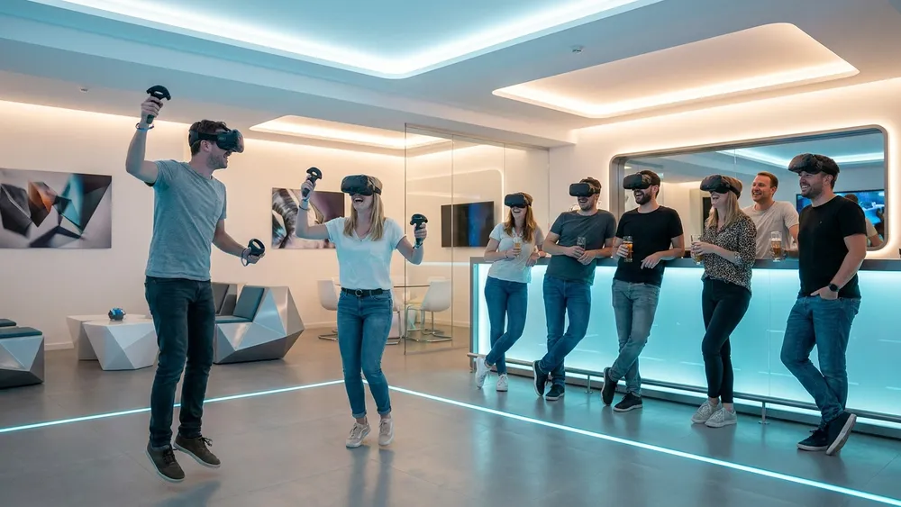 VR Lounge Stuttgart - Erwachsene spielen mit VR-Brillen Multi-Player-Spiele in moderner Lounge