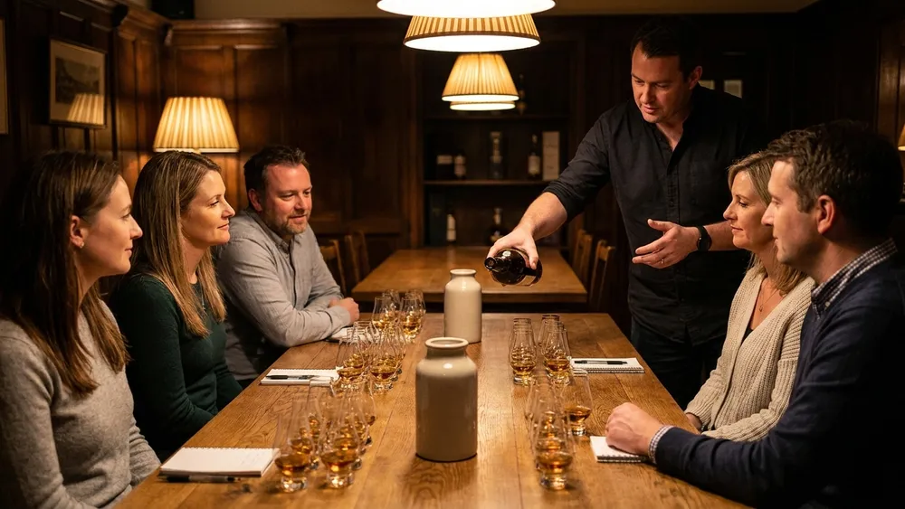 Whisky-Tasting in Stuttgart - Erwachsene verkosten Single Malts unter Anleitung am Tisch