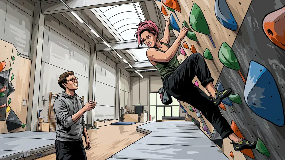 VELS Boulderhalle in Stuttgart – Zwei Personen bouldern an einer farbenfrohen Kletterwand