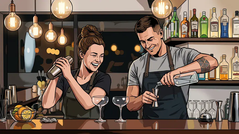 Cocktailkurs in Stuttgart – Zwei Personen mixen Cocktails an einer Bar unter Anleitung