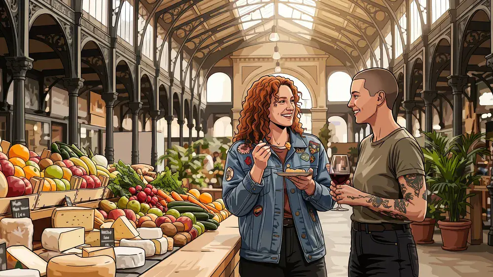 Stuttgarter Markthalle – Zwei Personen probieren Spezialitäten an einem Marktstand unter der Jugendstil-Glaskuppel