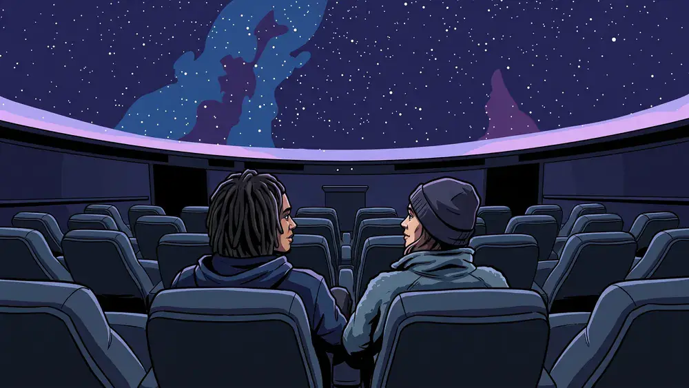 Carl-Zeiss-Planetarium Stuttgart – Zwei Personen schauen auf den projizierten Sternenhimmel in der Kuppel
