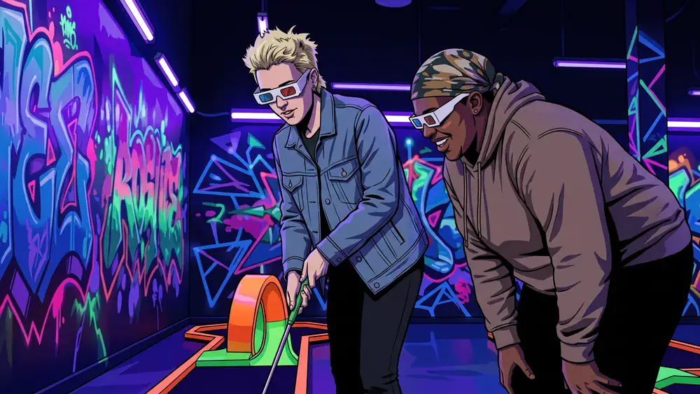 Blacklight Stuttgart – Zwei Personen spielen Schwarzlicht-Minigolf auf leuchtenden Neon-Bahnen