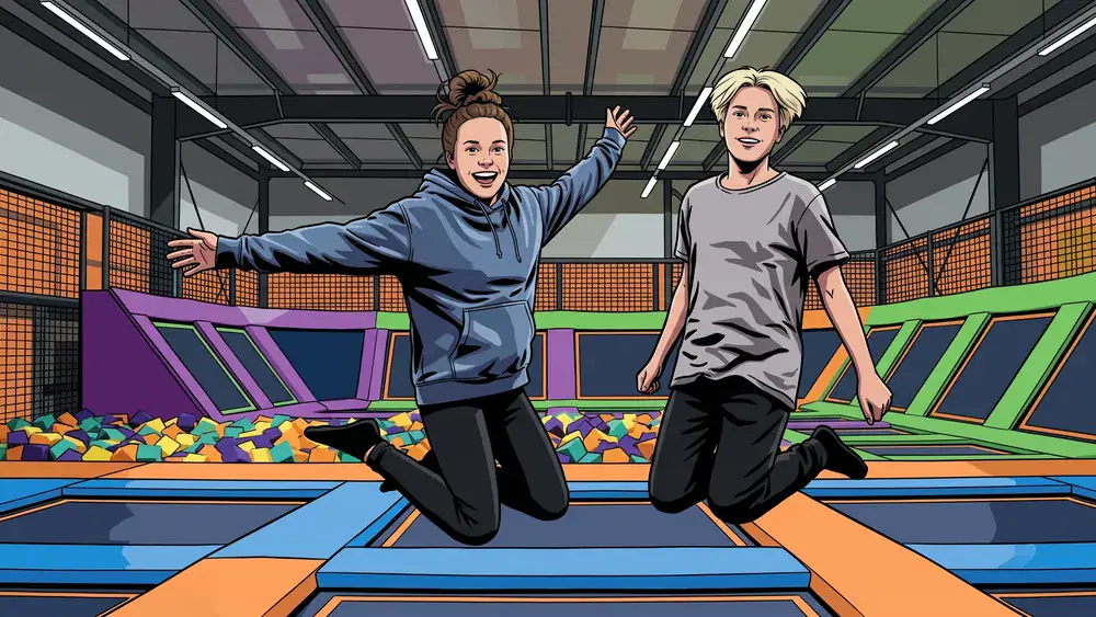Sprungbude Stuttgart – Zwei Personen springen auf Trampolinen in einem bunten Indoor-Park