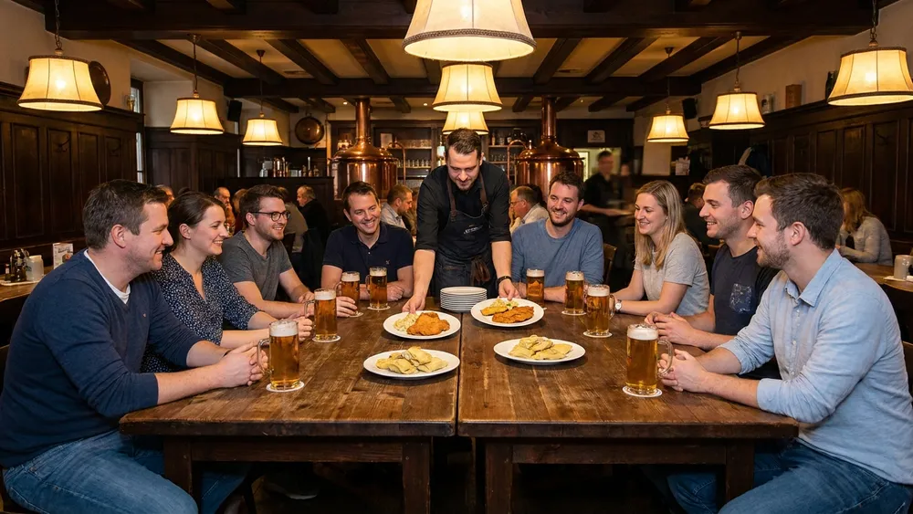 Brauhaus in Stuttgart – Team sitzt an langen Tischen mit Hellbier und schwäbischen Spezialitäten