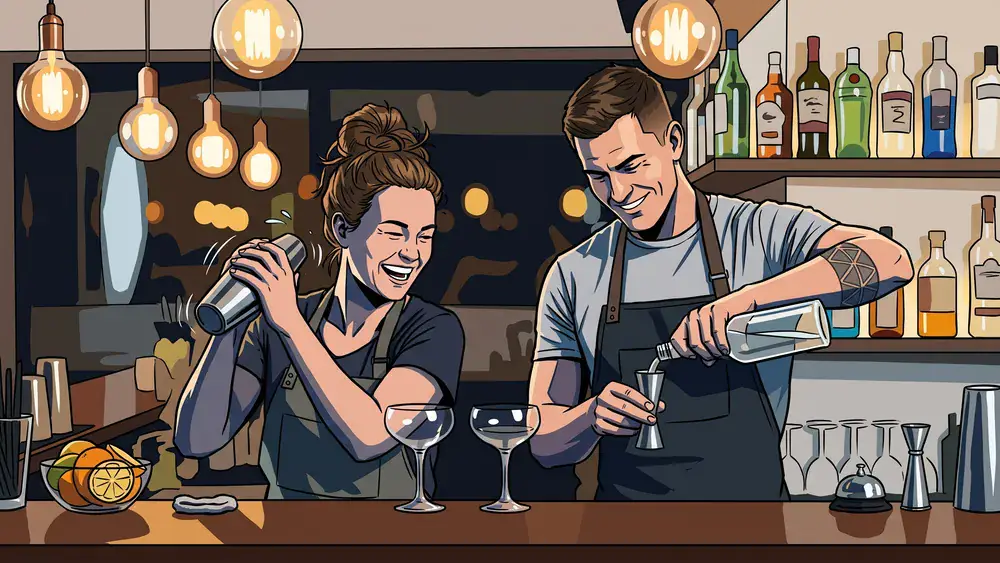 Cocktailkurs in Stuttgart – Team mixt Cocktails an einer Bar unter Anleitung im SI-Centrum