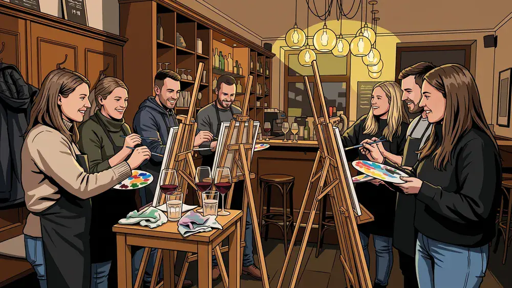 Painting Party in Stuttgart – Team malt an Staffeleien mit Wein in gemütlicher Bar-Atmosphäre