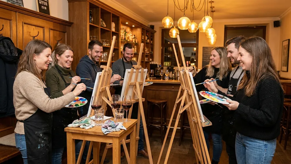 Painting Party in Stuttgart – Team malt an Staffeleien mit Wein in gemütlicher Bar-Atmosphäre