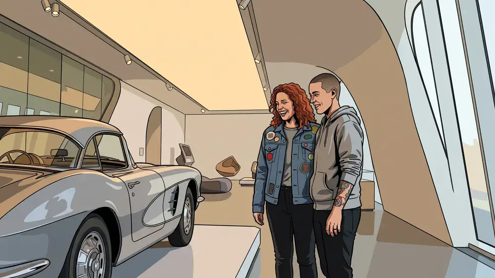 Porsche Museum in Stuttgart – Team betrachtet Sportwagen in futuristischer Museumsarchitektur