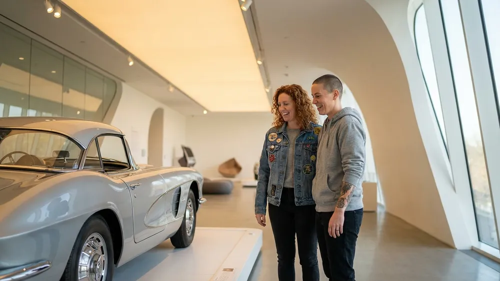 Porsche Museum in Stuttgart – Team betrachtet Sportwagen in futuristischer Museumsarchitektur