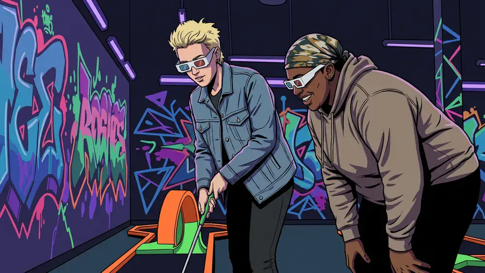 Schwarzlicht Minigolf in Stuttgart – Team spielt mit 3D-Brillen Minigolf in leuchtender Neonwelt