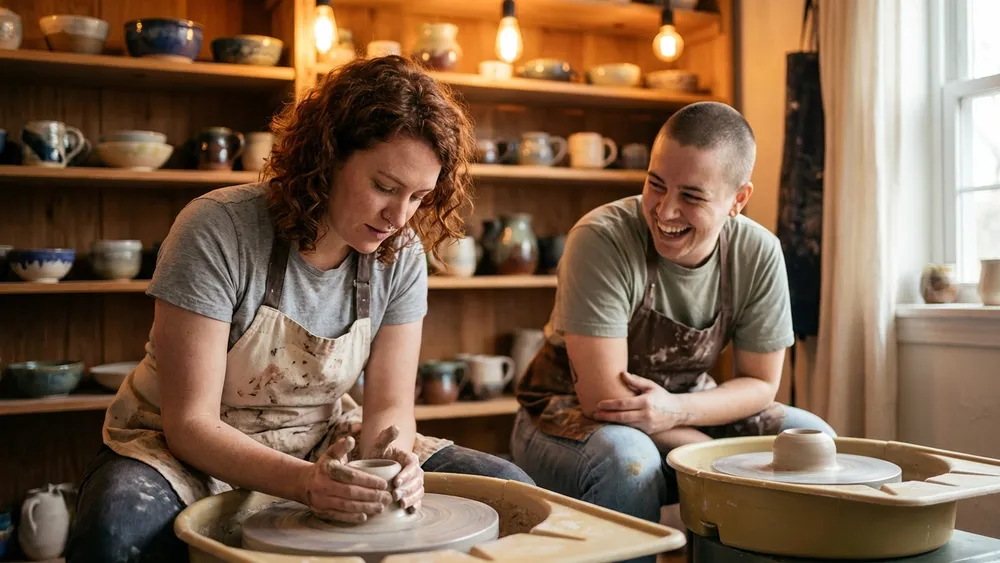 Töpferkurs in Stuttgart – Team formt Ton an Drehscheiben in einem gemütlichen Atelier