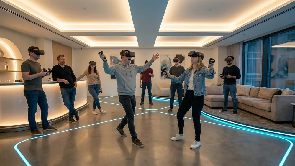 VR Lounge Stuttgart – Team spielt mit VR-Brillen Multi-Player-Spiele in moderner Lounge