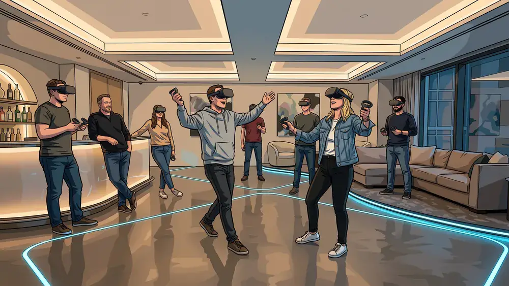 VR Lounge Stuttgart – Team spielt mit VR-Brillen Multi-Player-Spiele in moderner Lounge