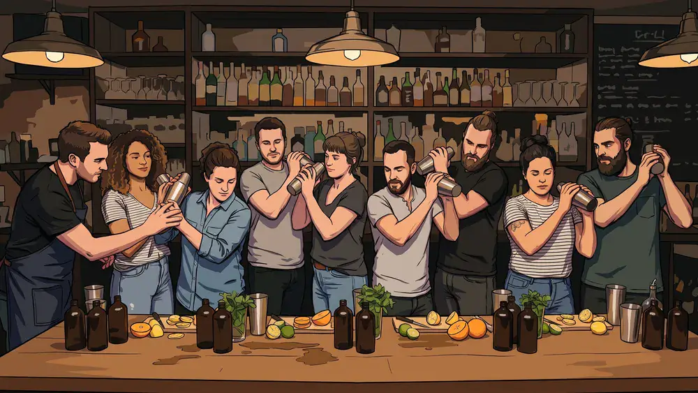 Cocktailkurs in Stuttgart – JGA-Runde shakt eigene Drinks hinter der Bartheke im SI-Centrum