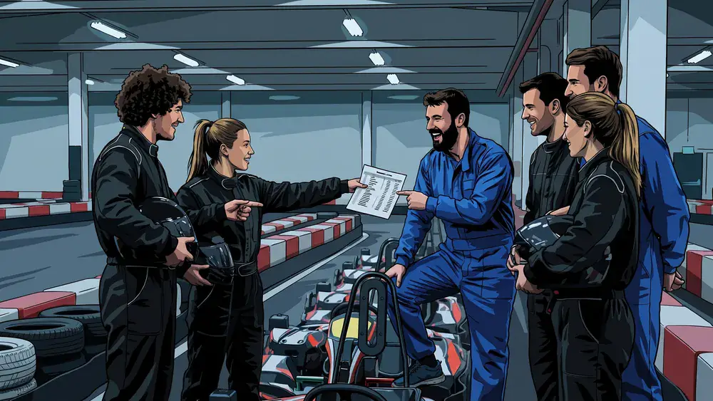 Kartbahn in Stuttgart – JGA-Gruppe in Overalls diskutiert die Rundenzeiten neben den Karts