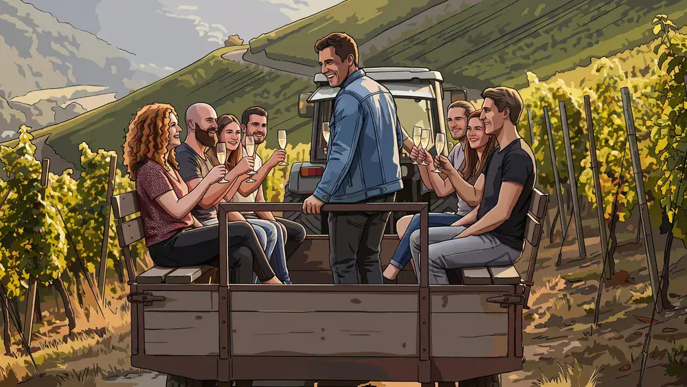 Planwagenfahrt in Stuttgart – JGA-Gruppe stößt auf dem Planwagen in den Weinbergen an