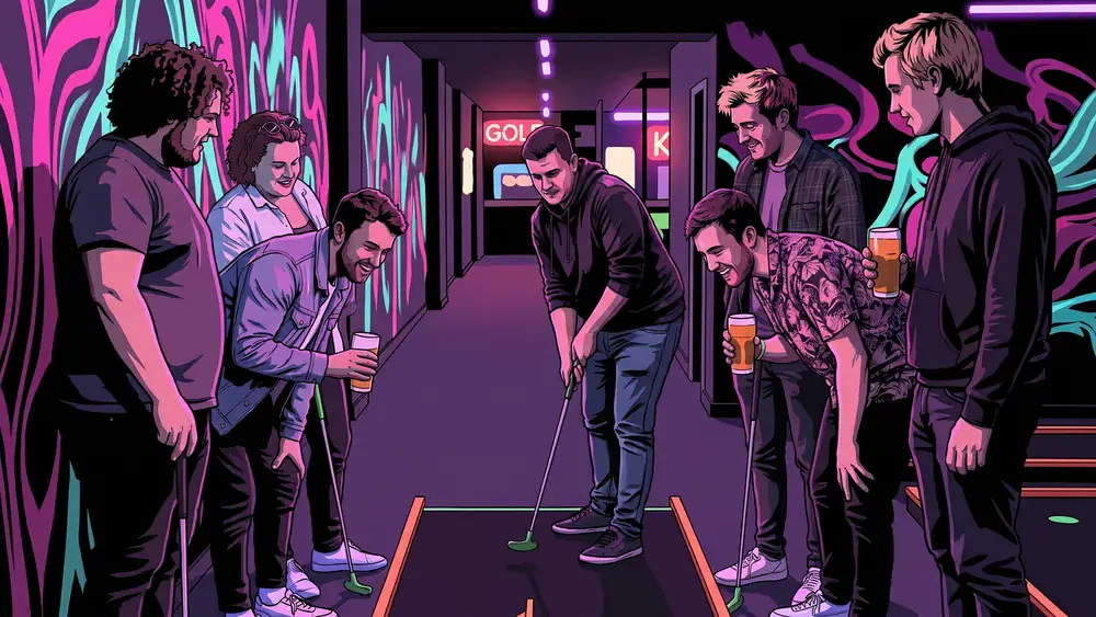 Schwarzlicht-Minigolf in Stuttgart – JGA-Gruppe spielt eine Bahn im UV-Licht mit Getränken in der Hand