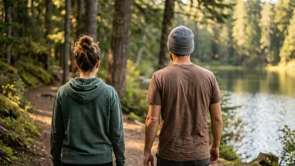 Bärensee in Stuttgart – Zwei Personen spazieren an einem Sonntagnachmittag am Seeufer entlang