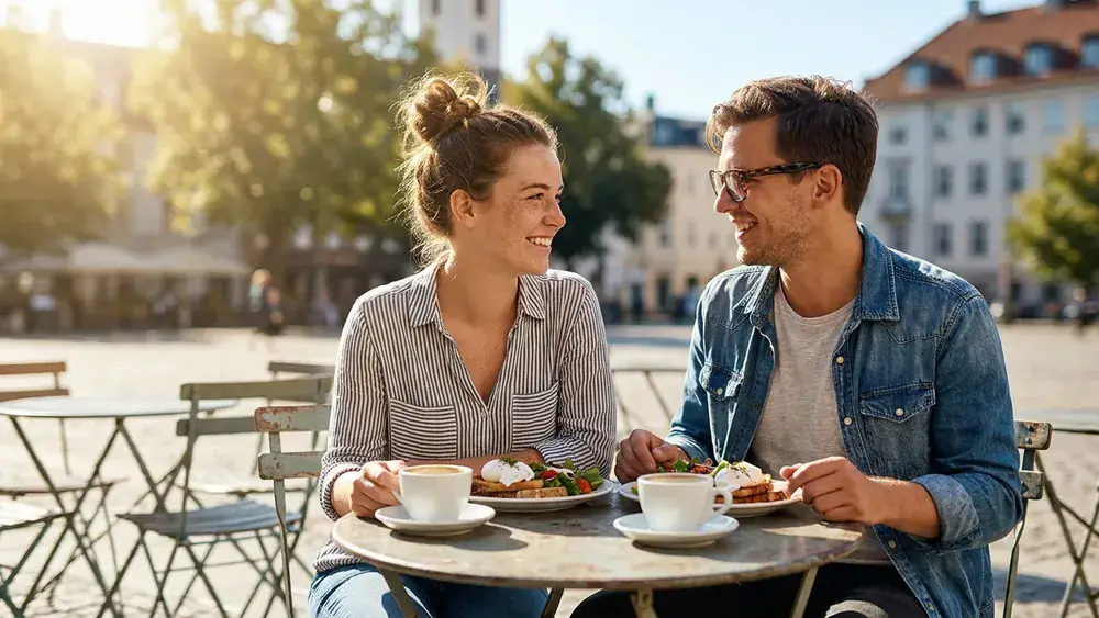 Café Kaiserbau in Stuttgart – Zwei Personen brunchen auf der Terrasse am Marienplatz