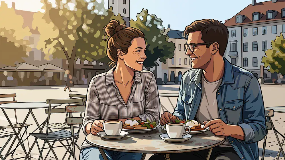 Café Kaiserbau in Stuttgart – Zwei Personen brunchen auf der Terrasse am Marienplatz