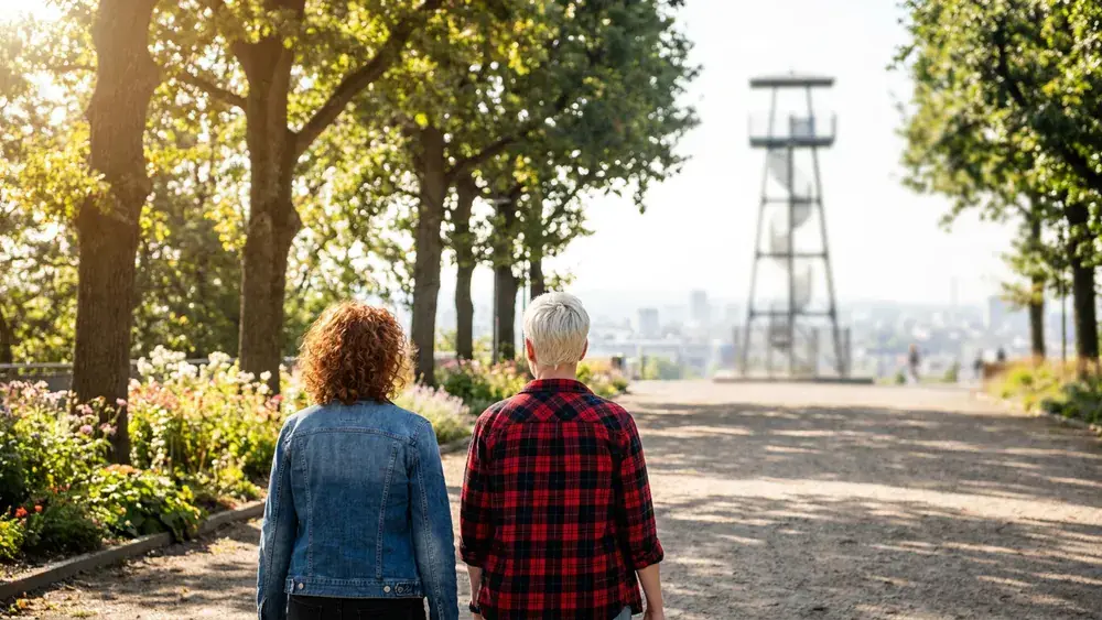 Höhenpark Killesberg in Stuttgart – Zwei Personen spazieren durch den Park mit Killesbergturm im Hintergrund