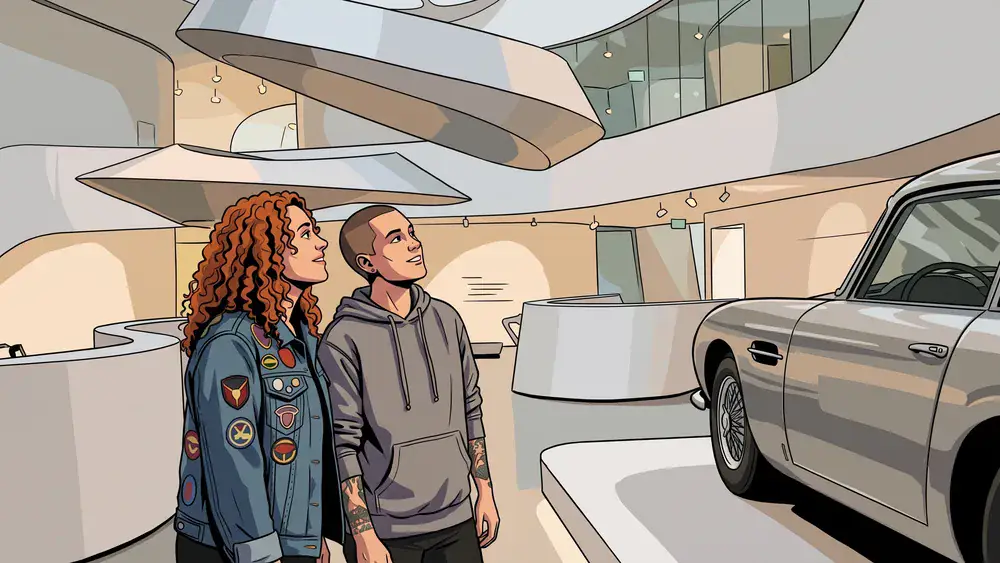 Porsche Museum in Stuttgart – Zwei Personen betrachten Sportwagen in futuristischer Museumsarchitektur