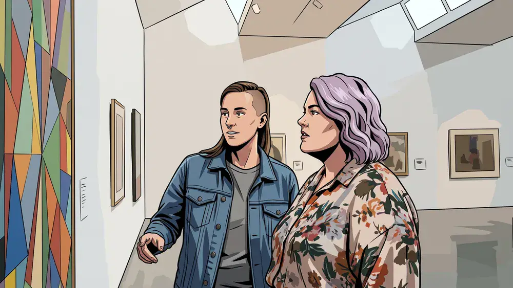Staatsgalerie Stuttgart – Zwei Personen betrachten ein Gemälde in einem hellen Ausstellungsraum