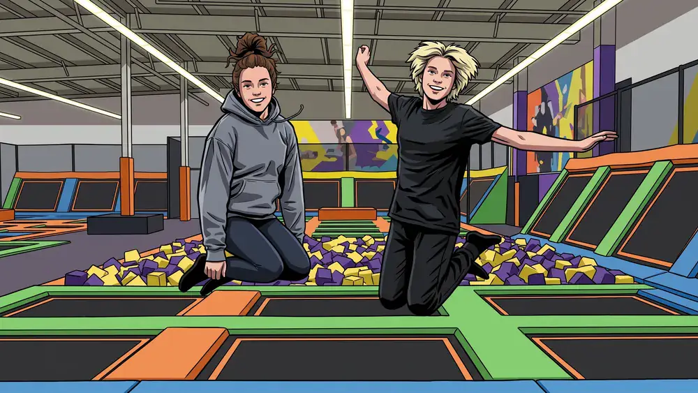 Sprungbude Stuttgart – Zwei Personen springen auf Trampolinen im Indoor-Park