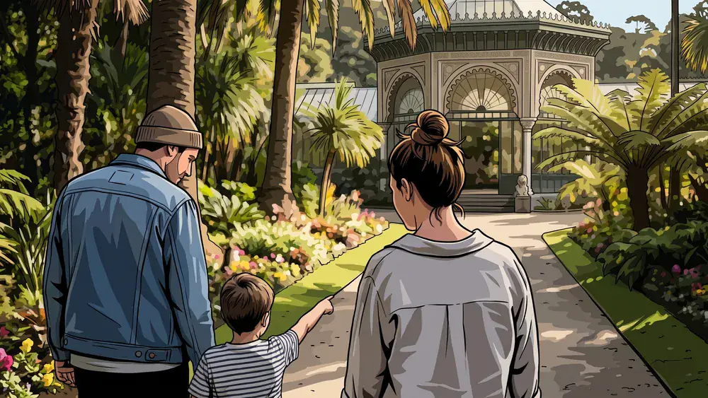 Wilhelma Stuttgart – Familie spaziert an einem Sonntagmorgen durch den botanischen Garten mit historischen Gewächshäusern