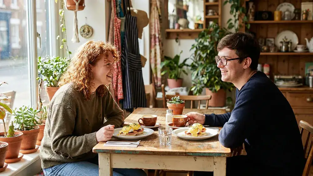 Die Wunderkammer in Stuttgart – Zwei Personen brunchen mit Eier Benedikt und Kaffee im hellen Café