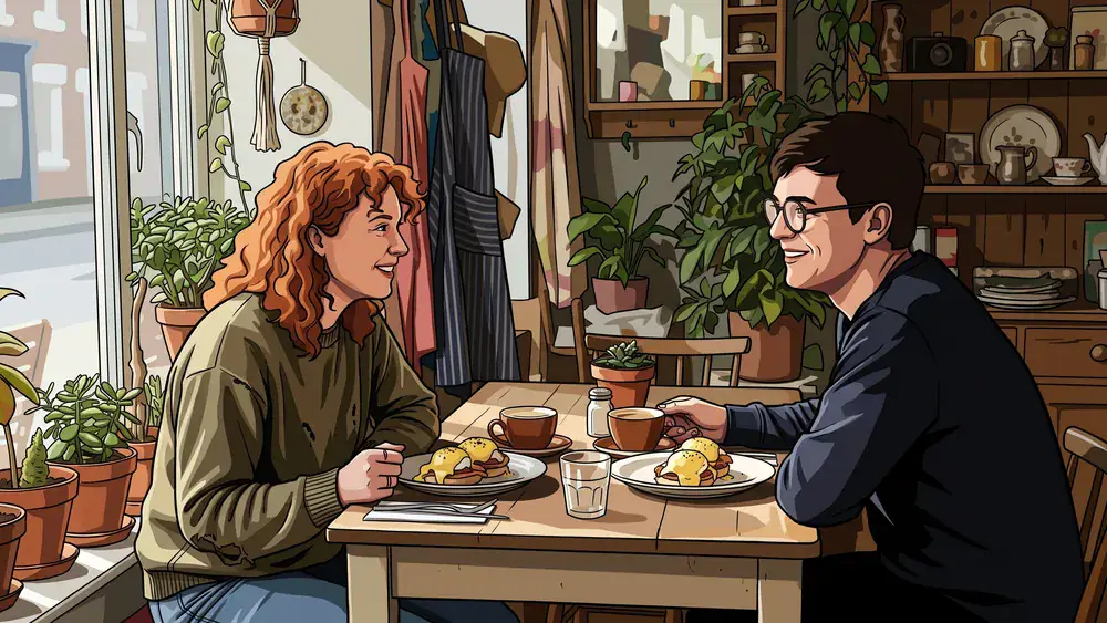 Die Wunderkammer in Stuttgart – Zwei Personen brunchen mit Eier Benedikt und Kaffee im hellen Café