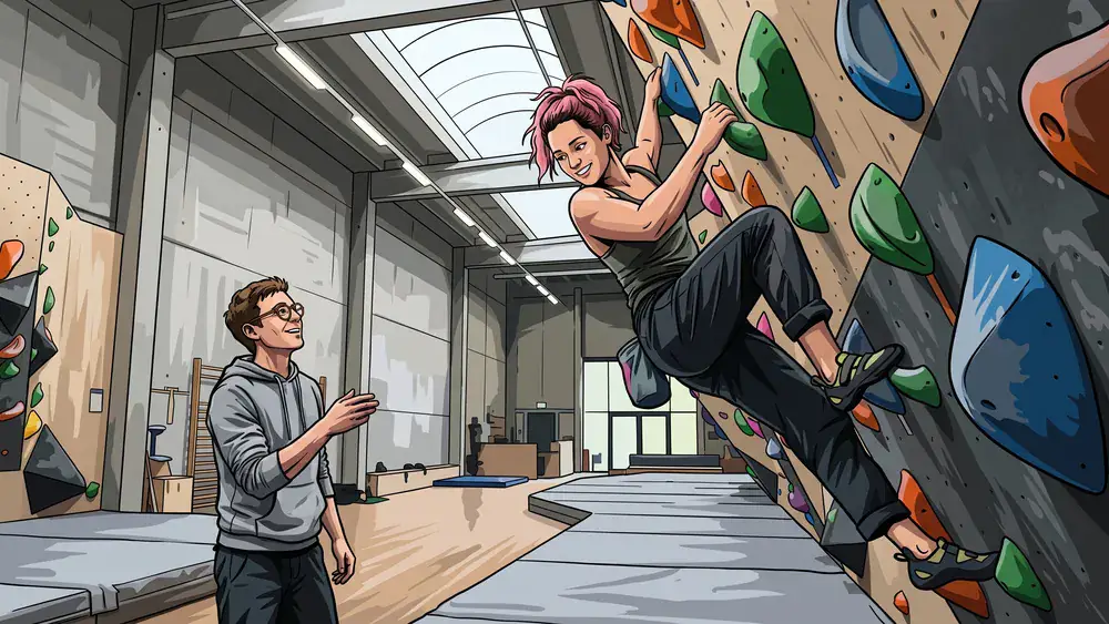VELS Boulderhalle in Stuttgart – Team bouldert an bunten Kletterwänden in heller Halle