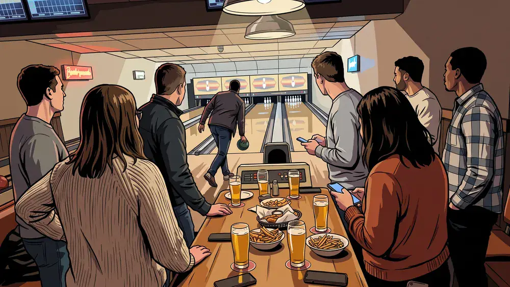 Bowling in Stuttgart – Team jubelt an einer Bahn in der Bowling Arena Stuttgart