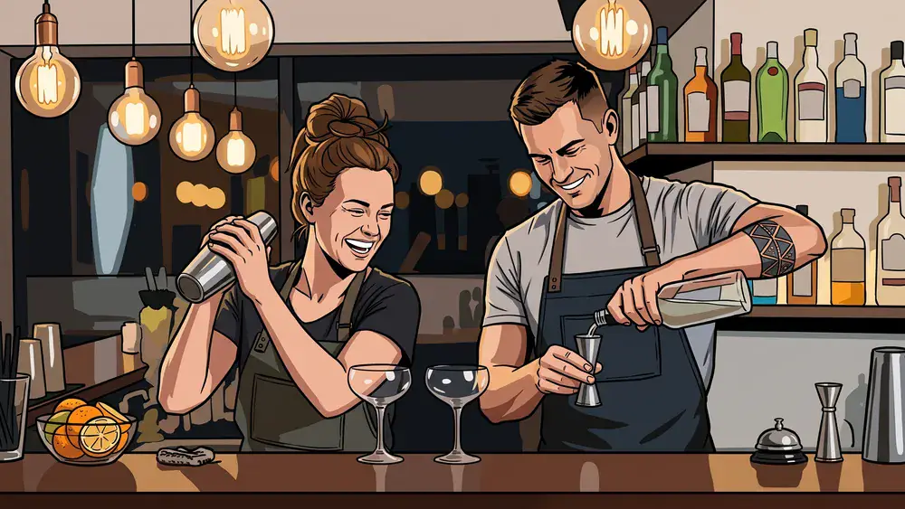 Cocktailkurs in Stuttgart – Team mixt Cocktails an einer Bar unter Anleitung im SI-Centrum