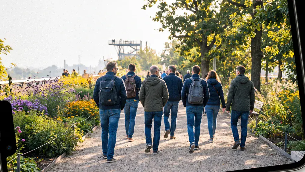 Höhenpark Killesberg in Stuttgart – Kollegen spazieren als Gruppe durch den Park mit Killesbergturm im Hintergrund