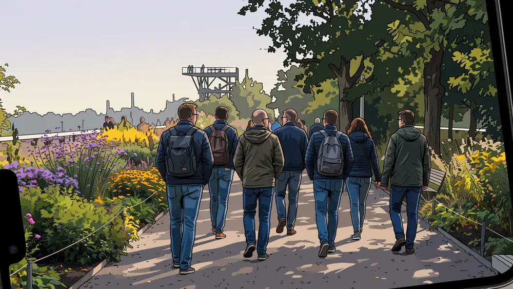 Höhenpark Killesberg in Stuttgart – Kollegen spazieren als Gruppe durch den Park mit Killesbergturm im Hintergrund