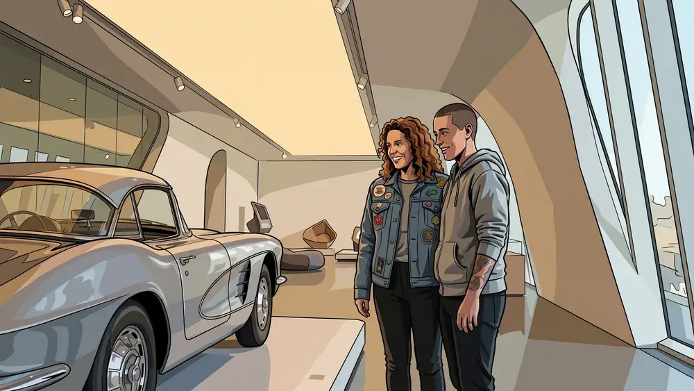 Porsche Museum in Stuttgart – Team betrachtet Sportwagen in futuristischer Museumsarchitektur