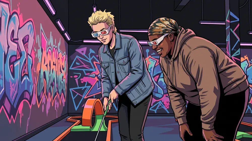 Schwarzlicht Minigolf in Stuttgart – Team spielt mit 3D-Brillen Minigolf in leuchtender Neonwelt