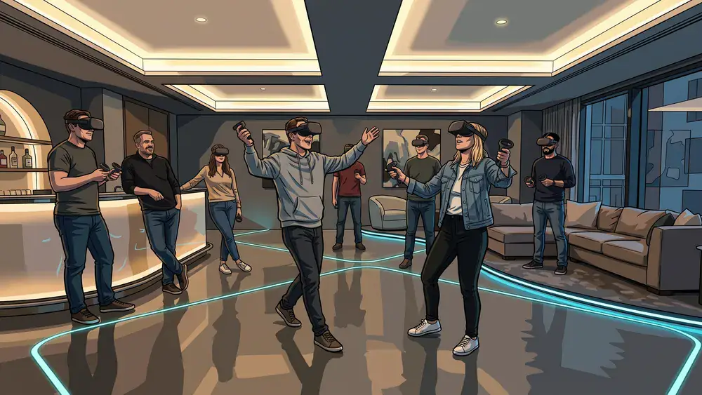 VR Lounge Stuttgart – Team spielt mit VR-Brillen Multi-Player-Spiele in moderner Lounge