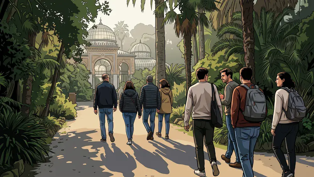 Wilhelma in Stuttgart – Kollegen spazieren als Gruppe durch den botanischen Garten mit historischen Gewächshäusern
