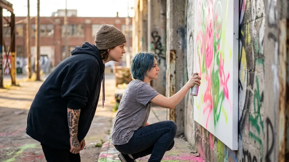 Graffiti-Workshop Stuttgart – Schüler sprühen bunte Buchstaben auf eine Leinwand