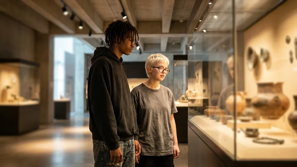 Haus der Geschichte Stuttgart – Schüler betrachten Exponate in der modernen Ausstellungshalle
